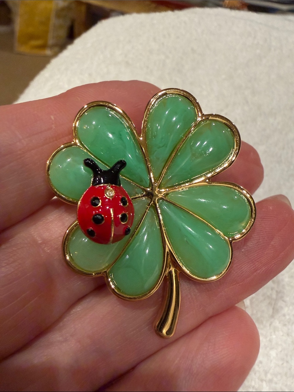 Talbots Green Four-Leaf Clover Brooch with Red Ladybug Accent
